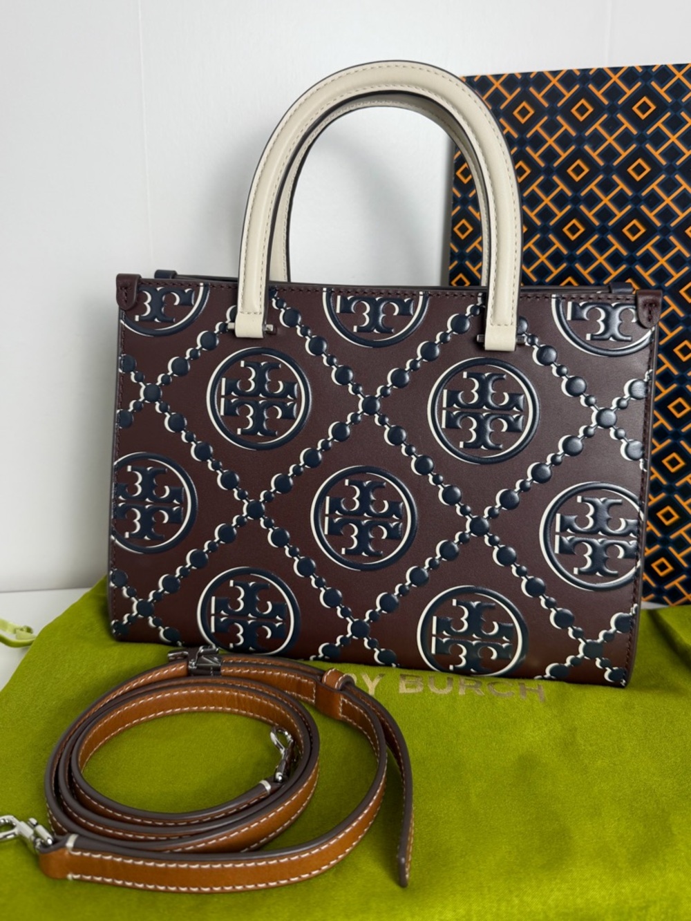 NWT T MONOGRAM CONTRAST EMBOSSED TOP-HANDLE TOTE